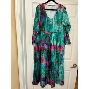 Womens 2X V Neck Midi Dress Green Tropical Abstract Long Sleeve Boho Plus